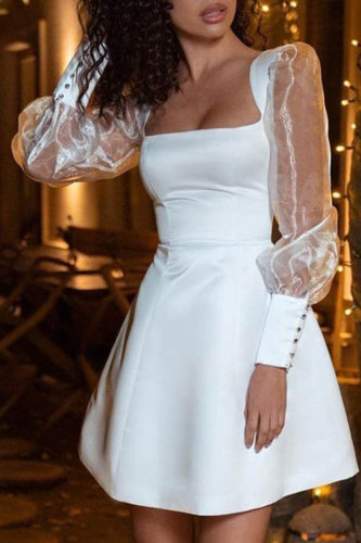 Casual Solid Patchwork Mesh Square Collar Cake Skirt Dresses