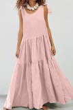 Casual Solid Patchwork O Neck Cake Skirt Dresses