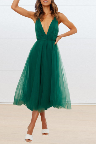 Casual Solid Mesh V Neck Cake Skirt Dresses