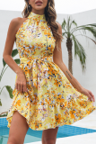 Fashion Print Patchwork Halter Cake Skirt Dresses