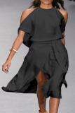 Fashion Solid Patchwork O Neck Waist Skirt Dresses