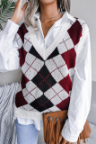 Casual Plaid Geometric Contrast V Neck Tops Sweater