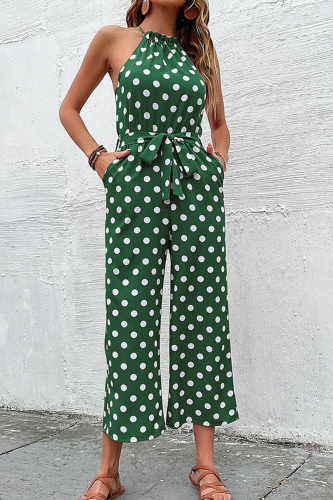 Fashion Dot Patchwork Halter Straight Jumpsuits
