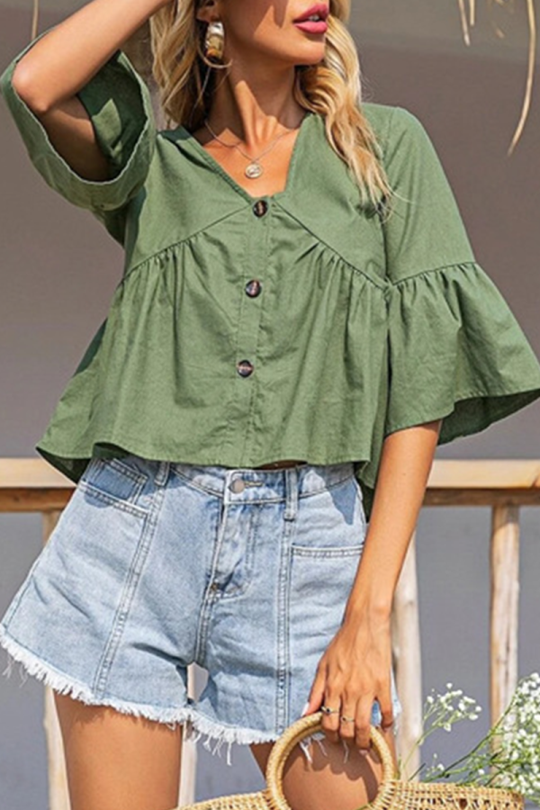 Fashion Sweet Solid Buckle Flounce V Neck Tops