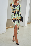 Fashion Elegant Print Patchwork Slit V Neck Dresses