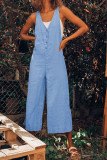 Casual Solid Buttons V Neck Loose Jumpsuits
