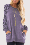 Casual Leopard Patchwork Pocket O Neck Tops