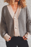 Casual Striped Patchwork Buckle V Neck Outerwear Sweater