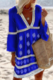 Casual Print Patchwork V Neck Cake Skirt Dresses