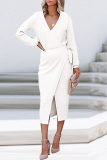 Casual Solid Patchwork V Neck Waist Skirt Dresses