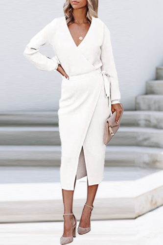 Casual Solid Patchwork V Neck Waist Skirt Dresses
