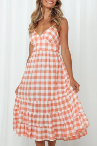 Casual Plaid Patchwork Frenulum Backless Flounce A Line Dresses