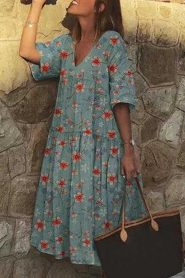 Fashion Street Print Patchwork V Neck Princess Dresses