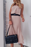 Elegant Solid Patchwork V Neck Pleated Dresses (Without Belt)