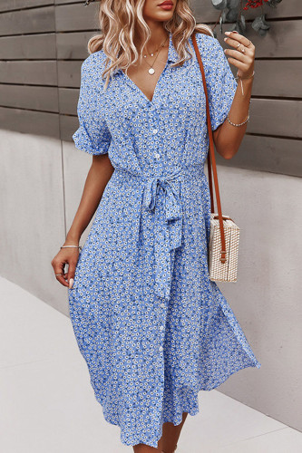 Fashion Elegant Print Patchwork Turndown Collar Waist Skirt Dresses