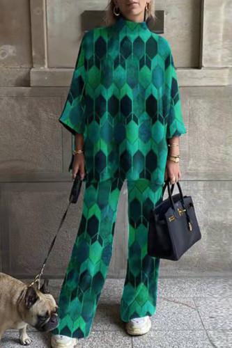 Casual Print Patchwork Turtleneck Long Sleeve Two Pieces