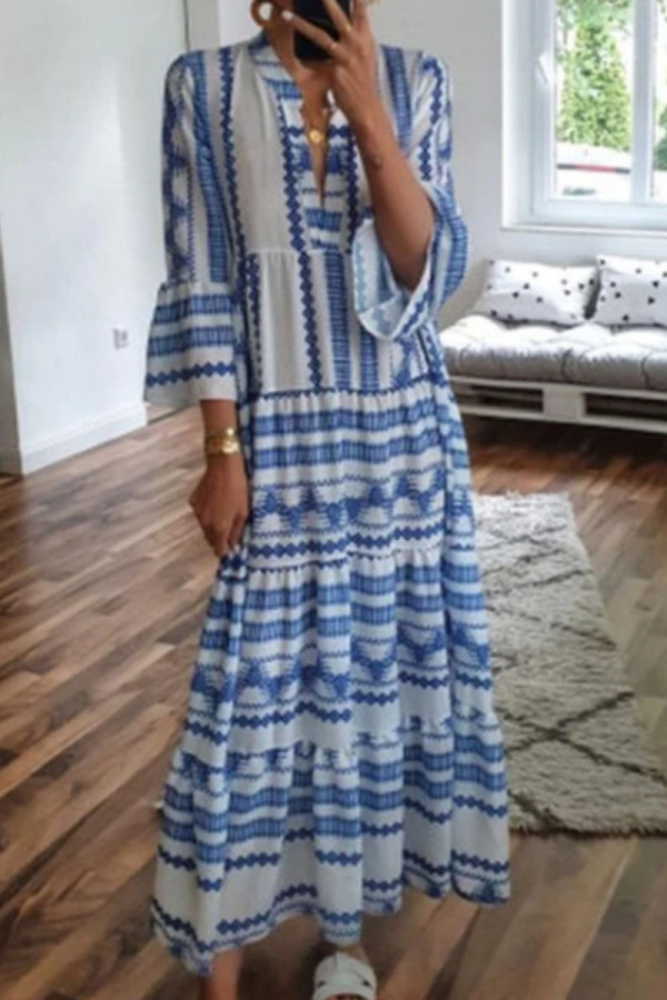 Fashion Sweet Geometric Patchwork V Neck A Line Dresses