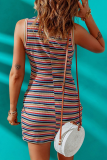 Fashion Striped Hollowed Out O Neck Pencil Skirt Dresses