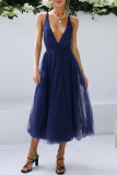 Casual Solid Mesh V Neck Cake Skirt Dresses