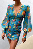 Fashion Elegant Floral Patchwork Fold V Neck Wrapped Skirt Dresses