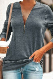 Work Solid Patchwork Zipper V Neck Tops