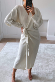 Casual Solid Patchwork V Neck Waist Skirt Dresses
