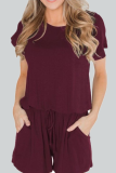Casual Striped Solid Hollowed Out Buttons O Neck Straight Rompers