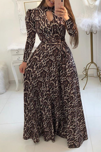 Vacation Print Hollowed Out Half A Turtleneck Cake Skirt Dresses