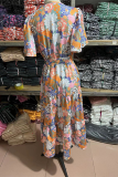 Fashion Elegant Floral Flounce Strap Design V Neck Waist Skirt Dresses