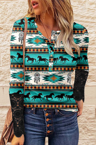 Casual Print Buckle O Neck Tops