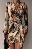 Fashion Patchwork Tie-dye V Neck Pencil Skirt Dresses