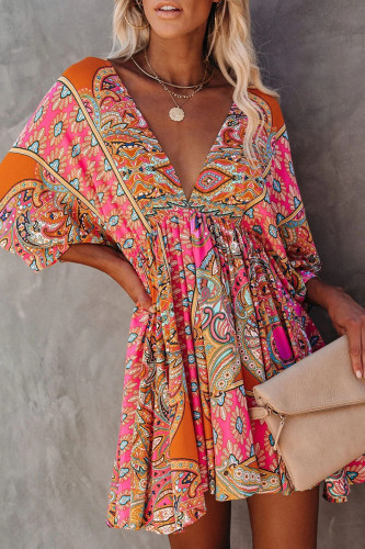 Fashion Sweet Print Patchwork V Neck A Line Dresses