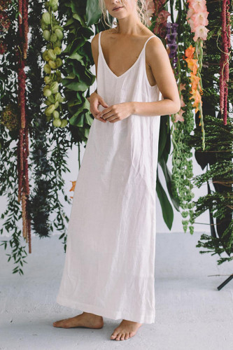Spring and summer simple linen sling V-neck solid color dress