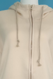 Casual Solid Draw String Pocket Zipper Hooded Collar Tops
