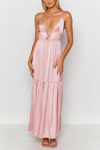 Spring and summer solid color suspender V-neck dress