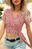 Elegant Floral Patchwork Strap Design V Neck Tops