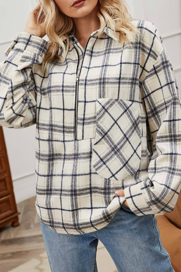 Casual Plaid Patchwork Zipper Turndown Collar Tops