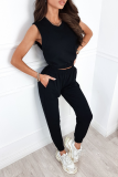 Casual Solid Patchwork O Neck Sleeveless Two Pieces