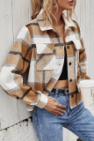 Casual Plaid Patchwork Buckle Turndown Collar Outerwear