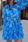 Casual Print Patchwork Turndown Collar Cake Skirt Dresses