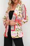 Elegant Print Patchwork Buttons Turndown Collar Outerwear