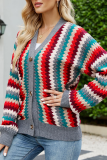 Casual Striped Patchwork Cardigan Collar Tops