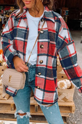 Casual Plaid Patchwork Turndown Collar Tops