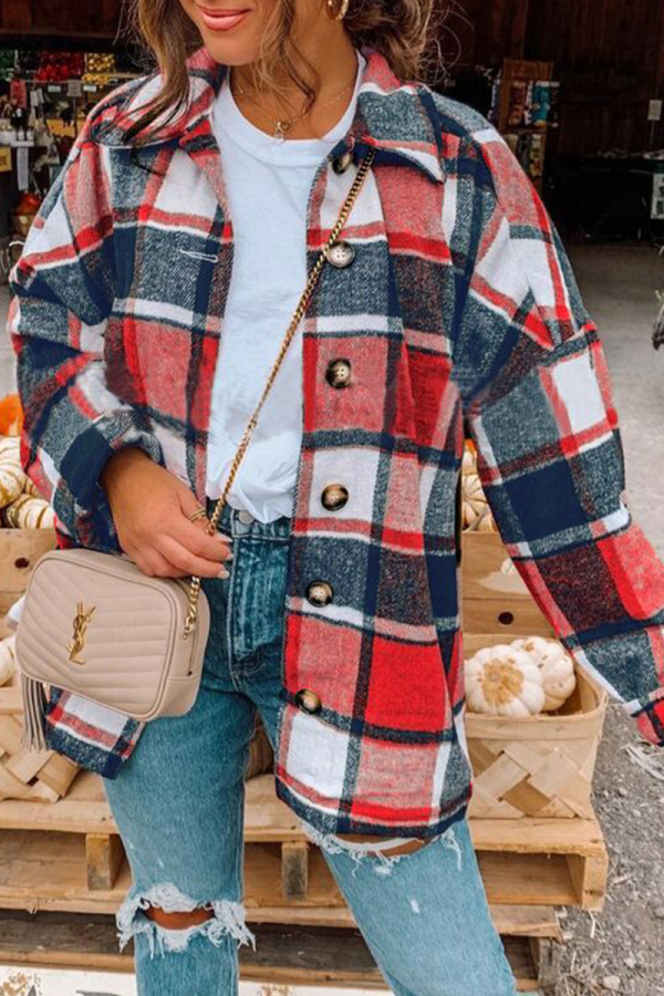 Casual Plaid Patchwork Turndown Collar Tops