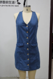 Fashion Casual Solid Patchwork Buckle V Neck A Line Dresses