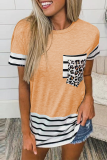 Casual Striped Leopard Patchwork Pocket O Neck T-Shirts