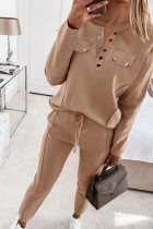Casual Solid Buckle Solid Color V Neck Long Sleeve Two Pieces