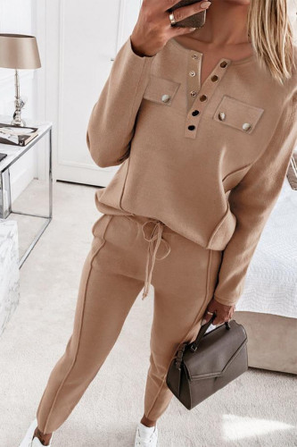 Casual Solid Buckle Solid Color V Neck Long Sleeve Two Pieces