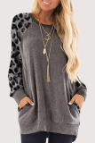 Casual Leopard Patchwork Pocket O Neck Tops