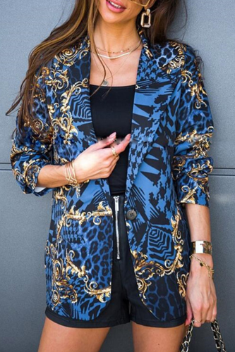 Casual Print Patchwork Turndown Collar Outerwear